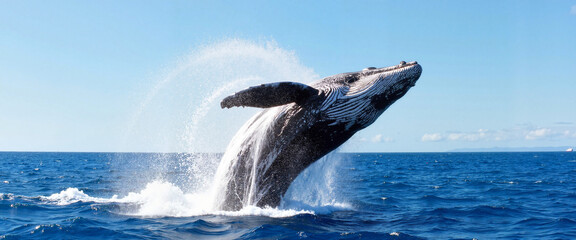 Fototapeta premium Humpback whale breaching in blue ocean waters