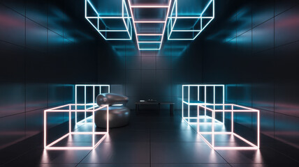 Obraz premium A futuristic interior featuring neon-lit geometric cubes and sleek seating, creating a modern, artistic ambiance.
