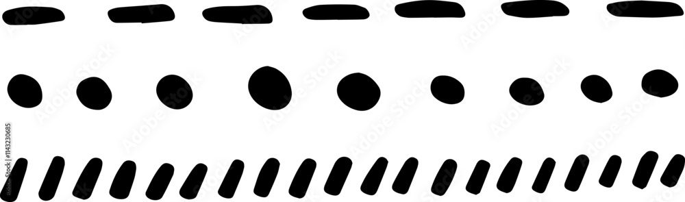 Poster three lines of simple, hand drawn, irregular black shapes are creating an abstract pattern on a clea