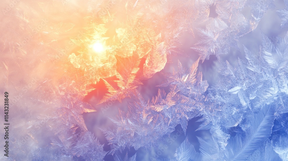 Poster sunlit frosty windowpane with ice crystals forming intricate patterns.