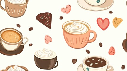 cup of float drink creammy ice cream in various color of cup with white background and chocolate seamless pattern