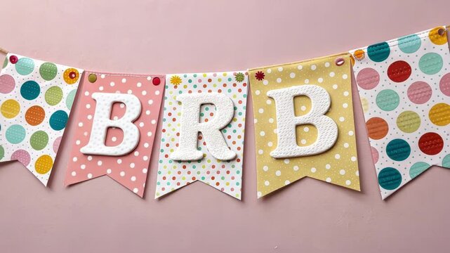 Joyful Dots A cheerful BRB banner made of multicolored polka dots against a soft pastel background. The message is written in bold white pixels giving it a delightful childlike
