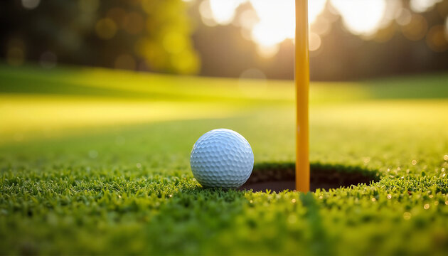 Close-up of golf ball near hole on green, sunset light, sports concept, outdoor activity, copy space