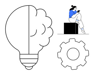 Woman reading on a tablet while sitting on a cube next to a lightbulb-shaped brain and gear. Ideal for innovation, creativity, technology, knowledge, brainstorming, problem-solving, education. Line