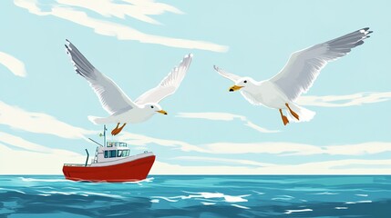  Two seagulls talking in the air above the sea, with a fishing boat below them. The scene is depicted in an exaggerated, cartoonish drawing style, emphasizing the playful interaction between the birds