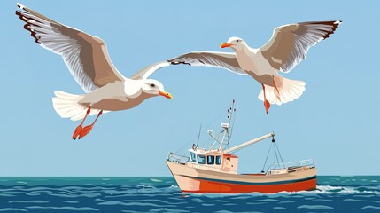  Two seagulls talking in the air above the sea, with a fishing boat below them. The scene is depicted in an exaggerated, cartoonish drawing style, emphasizing the playful interaction between the birds