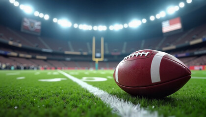 Close-up of American football on field, stadium lights, sports concept, game setting, copy space