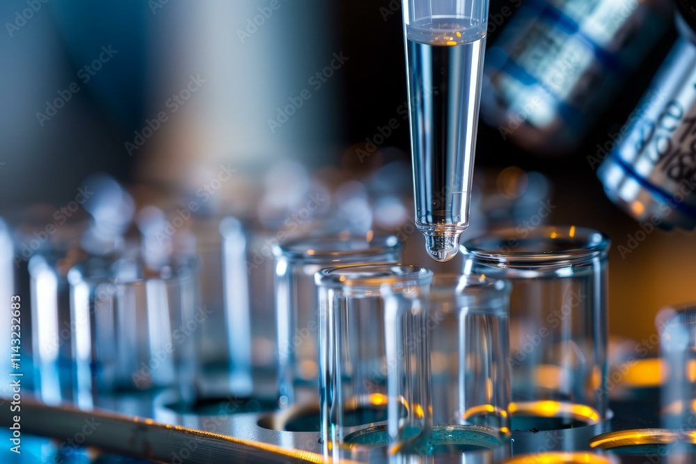 Poster close up of a pipette dropping liquid into a test tube in a laboratory setting, with a microscope in