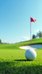 Obraz premium Close-up of golf ball near flag on green, bright sunny day, sports concept, outdoor activity, copy space