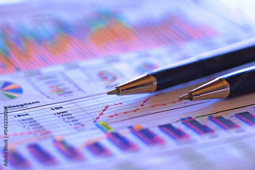 Poster analyzing business reports with two pens on a spreadsheet with charts
