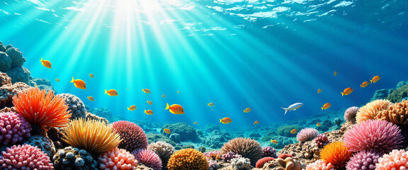 Naklejka premium Vibrant coral reef with tropical fish in sunlit ocean