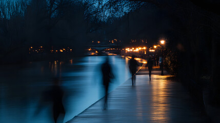 Fototapeta premium A riverbank walkway with blurred joggers and strollers under dim lighting.