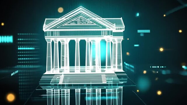 Digital Bank Building: A futuristic, wireframe representation of a classic bank building, bathed in a mesmerizing turquoise glow. The building appears to be constructed of glowing lines.