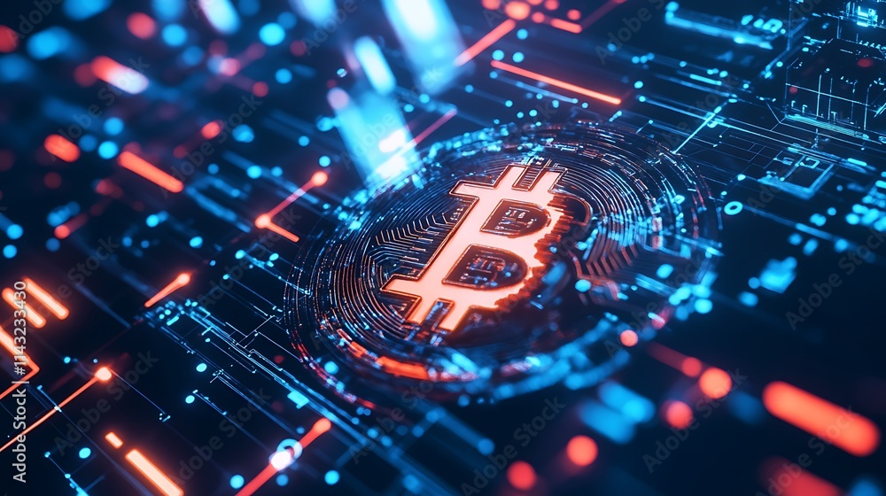 Poster bitcoin symbol illuminated within digital circuitry
