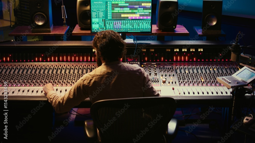 Poster Sound designer mixing and mastering tracks on audio console in control room, using daw software on computer and editing files. Technician creating new music in professional studio. Camera B.