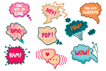 Speech notes or text bubble collection.Cartoon designs set isolated on white background.Pop Art style elements with hand written.For use in cards,banners,stickers,posters.Flat  vector illustration.