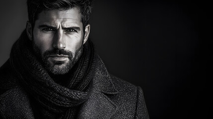 Fototapeta premium A rugged man with stubble wearing a fitted wool coat and scarf.