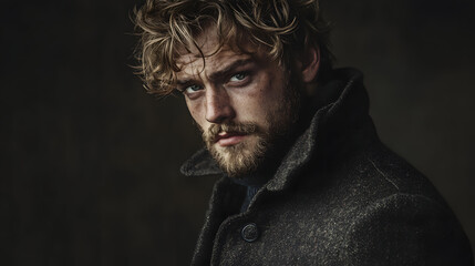 Fototapeta premium A rugged man with tousled hair wearing a wool coat.