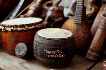 A decorative drum with "Happy St. Patrick's Day" text is placed among musical instruments. Concept of festivity and traditional celebration.