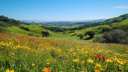 A lush green valley with blooming wildflowers and a clear blue sky, inviting feelings of peace and tranquility