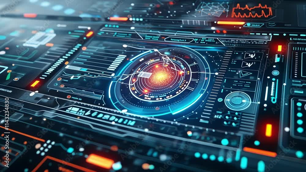 Poster futuristic interface displaying complex data analysis and processing information with holographic ch