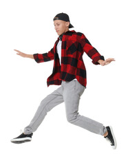 Handsome young skater jumping on white background