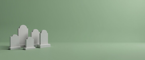 Minimalist Tombstone Models in White Against Green Background with Copy Space