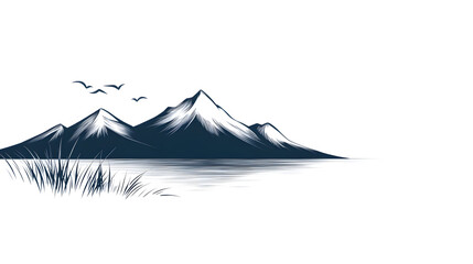 A clean line-drawing of a small lake with mountains in the distance, symbolizing peace. Lake and mountains minimalist.