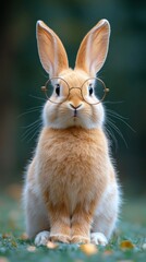 Obraz premium A rabbit wearing glasses sits in a grassy area, exuding a whimsical charm.