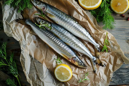 Fresh saury fish lying on baking paper with dill, rosemary, spices and lemon slices on rustic wooden table