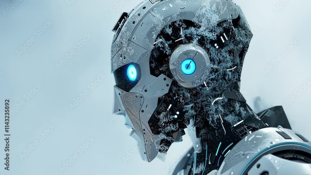 Poster futuristic humanoid robot slowly disintegrating into small particles in a virtual reality environmen