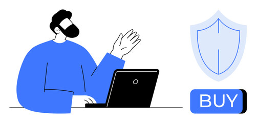 Man gesturing while using laptop, with shield symbol and Buy button. Ideal for online security, shopping, e-commerce, protection, technology, internet safety, and digital marketing. Line metaphor