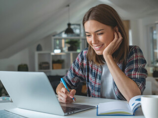 Mujer joven con una computadora portátil sentada en un escritorio. Ella está escribiendo notas mientras mira un seminario web. La mujer está estudiando en línea, aprendiendo clases web o teniendo una 
