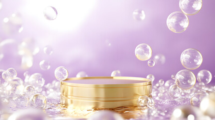 A sleek golden podium surrounded by floating bubbles on a lavender background.