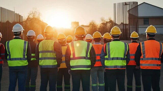 Construction Workers Watching Sunset: A group of hard-working construction workers stand in silhouette against a breathtaking sunset.