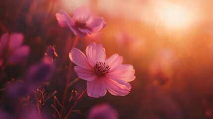 Pink Cosmos Flowers Illuminated By Sunset Glow