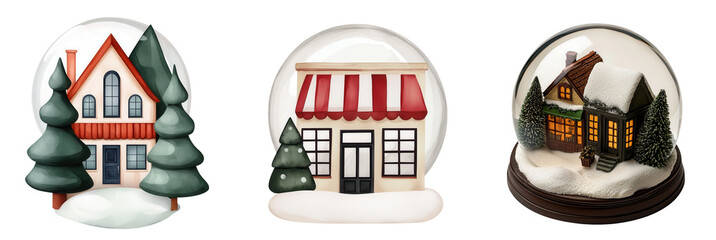 Snow globe with quaint bookshop, charming houses, and festive decor, isolated on transparent background.