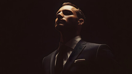 A sophisticated man in a tailored suit gazing confidently into the distance.