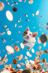 Obraz premium Coins falling towards white happy piggy bank in jump. Children savings, investments, retirement plan. High quality photo