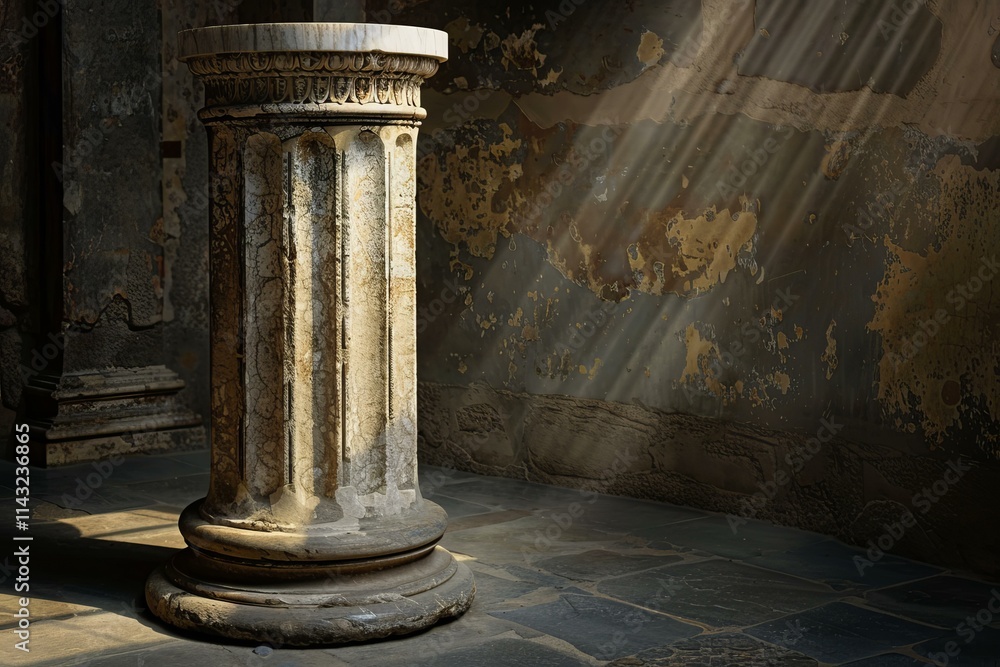 Poster sun rays shining through window and illuminating dusty interior of ancient building with weathered s