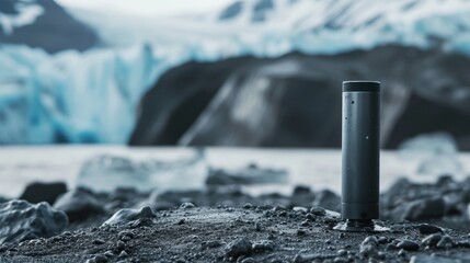 A ground-level sensor is positioned on a rocky surface with an expansive view of an Arctic glacier and snow-covered mountains under a cold and overcast sky. AI generated.