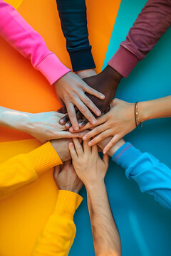 Concept of diversity equity and inclusion. corporate culture. social groups and team work. hands in the circle. High quality photo