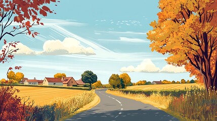 Fototapeta premium Autumn Country Road Scene With Golden Fields and Houses