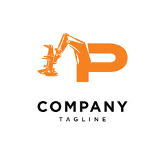 Letter P Feller Buncher Excavator Logo Icon Vector