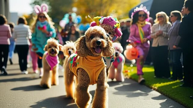 Fuzzy outlines of dogs and their owners parading around outside in playful costumes.