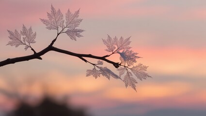 Delicate Skeletal Leaves Silhouette Against Sunset Sky