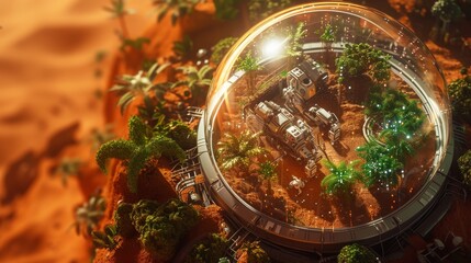 Fototapeta premium A captivating aerial view of a futuristic biodome surrounded by lush vegetation and cutting-edge structures on the red Martian soil, showcasing an advanced off-world colony. AI generated.