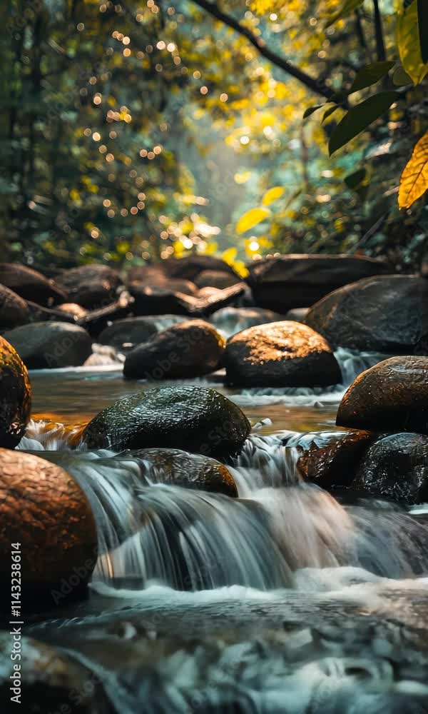 Aufkleber gentle stream flows over smooth rocks in a lush forest with sunlight filtering through the trees