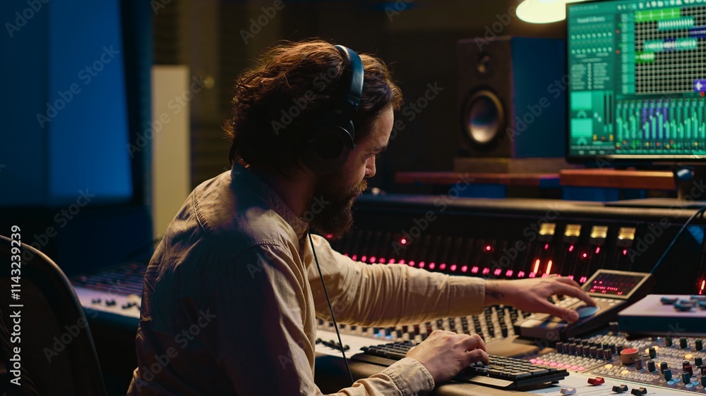 Poster Audio expert operating motorized faders and mixing console in control room, using sliders and switchers buttons to edit and process sounds. Music designer and producer recording tracks. Camera A.