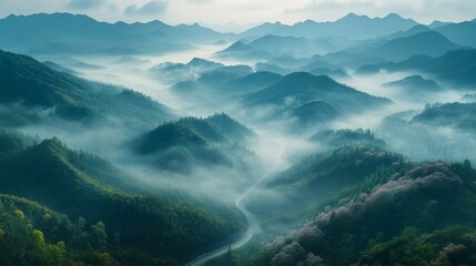 Scenic view of misty green mountains and valleys under soft light
